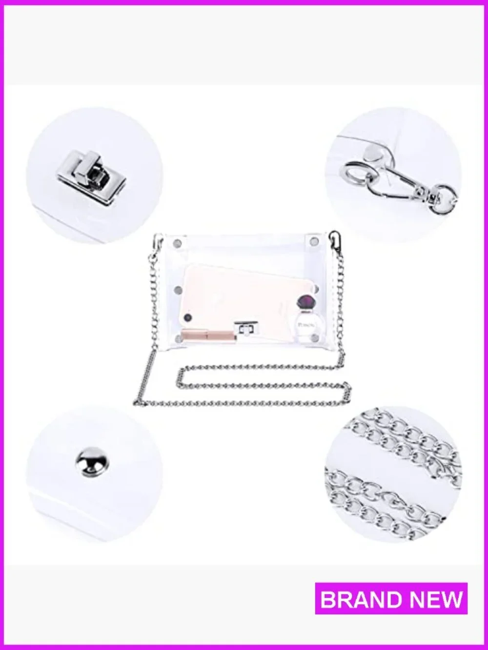Clear Crossbody Purse Stadium Approved Shoulder Bag Chain Strap PVC Clutch